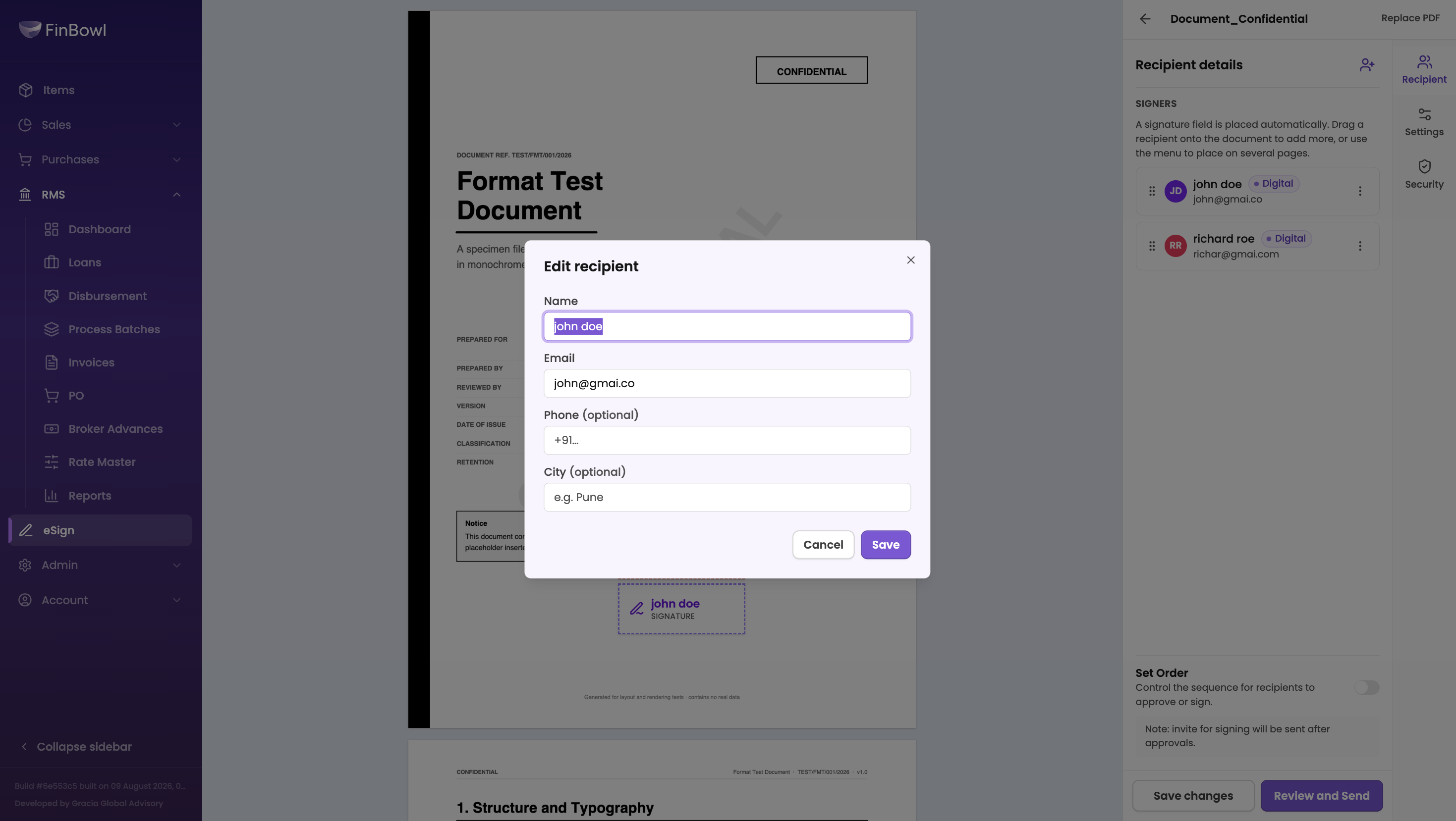 FinBowl eSign document preparation