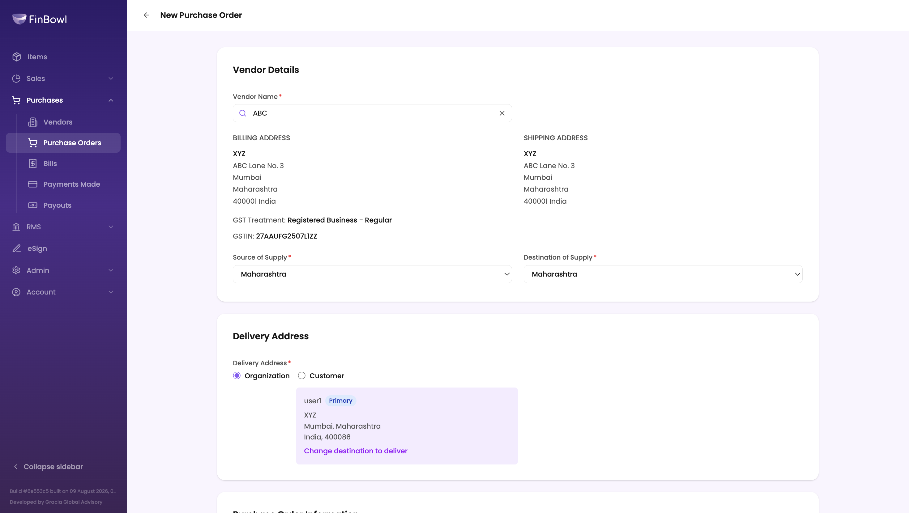 FinBowl P2P purchase order creation